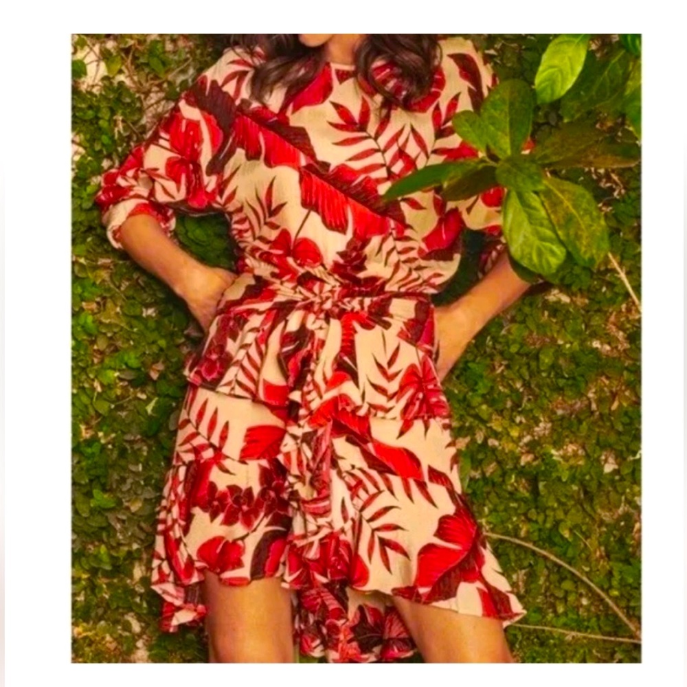 NEW without tags:Johanna Ortiz X H&M Flounced Leaf Print Dress Red - $100 Size M